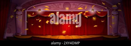 Empty theatre stage with closed red curtain and golden flying confetti, wooden floor and columns, illumination from spotlights. Cartoon vector illustration of festival and performance scenery. Stock Vector