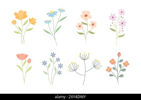 Collection of blooming flowers, showcasing minimalist designs and soft colors Stock Vector