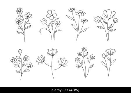 Graceful wildflowers growing upwards in a minimalist line art style, capturing intricate floral details for a touch of botanical charm Stock Vector