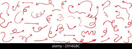 Set of children hand drawn crayon arrows. Collection of abstract red color pastel curved pointers. Fun wax chalk vector pointers pointing in various Stock Vector