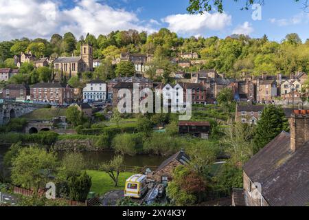 Ironbridge, Shropshire, England, UK, May 02, 2018: View at the town from the other side of the River Severn Stock Photo