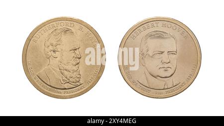 US Presidential -1 Dollar coins: Featuring Rutherford B Hayes and Herbert Hoover Stock Photo