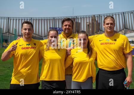 Shaun-Paul FRITZSCHE (SV Vorwärts Zwickau) , GERMANY, Shot Put Men, Chantal RIMKE (LC Jena), GERMANY, Shot Put Women, Christian SPERLING (Nachwuchsbundestrainer Stoss), GERMANY, Jolina LANGE (LV 90 Erzgebirge), GERMANY, Shot Put Women und Georg HARPF  (LG Stadtwerke Muenchen) , GERMANY, Shot Put Men  PER, Leichtathletik, Athletics, U20 World Athletics Championships Lima 24, U20 Leichtathletik Weltmeisterschaften, 26.08.2024,   Foto: Eibner-Pressefoto/Jan Papenfuss Stock Photo