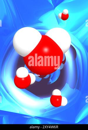 Colorful conceptual 3D Illustration of water molecules H2O over abstract blue background Stock Photo