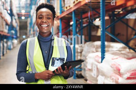 Black woman, portrait and tablet in warehouse for inspection, inventory check and stock management for web. Logistic, employee or supervisor with Stock Photo