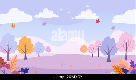 A charming vector illustration of an autumn forest landscape featuring ...