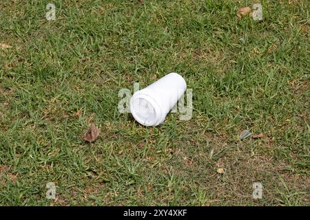 white takeout drink cup on grass Stock Photo