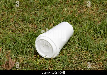 white takeout drink cup on grass Stock Photo