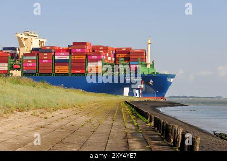 Container ship Copenhagen of HMM passes the Zeeland port city of Terneuzen via the Western Scheldt on its way to Antwerp. Photo ANP / Hollandse Hoogte / Stock Images Zeeland netherlands out - belgium out Stock Photo