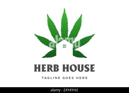 Simple Marijuana Cannabis Ganja Leaf with House for Hemp CBD Oil Logo Design Vector Stock Vector