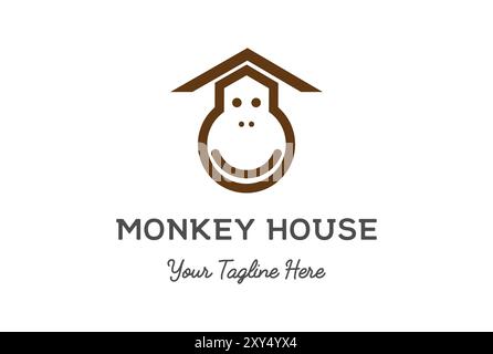 Simple Minimalist Funny Cute Monkey Head Face with House Roof Logo Design Vector Stock Vector