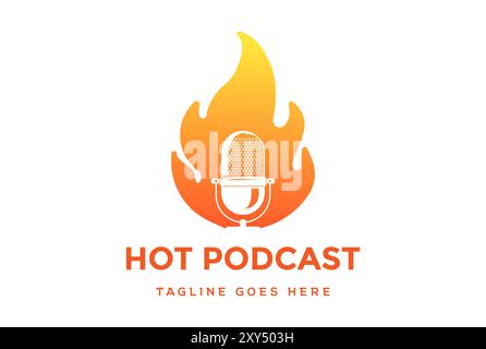 Modern Simple Orange Fire Flame with Mic Microphone for Podcast Radio Recording Studio Logo Design Vector Stock Vector