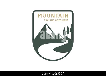 Vintage Mountain Forest with River Creek or Winding Road Street Way Badge Emblem Label Logo Design Vector Stock Vector