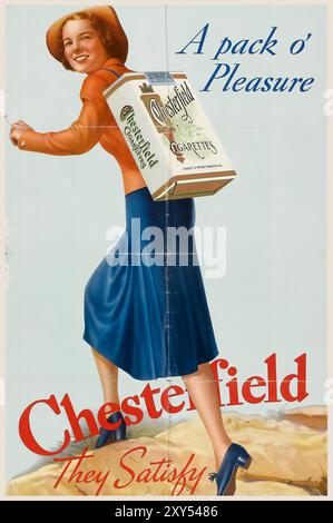 Chesterfield Cigarettes Ad "A Pack O' Pleasure" (1930s). Poster feat a woman with a pack of cigarettes as a backpack Stock Photo