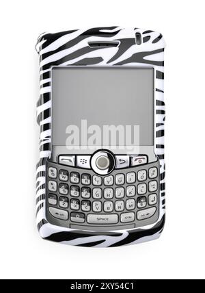 BlackBerry 8310 Curve Smartphone in a fancy stripy zebra cover Isolated on white background with clipping path Stock Photo