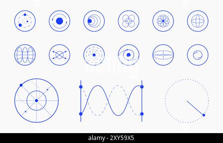 Collection of various geometric shapes, circles, lines, and curves, arranged in grid-like pattern, representing different scientific and mathematical Stock Vector