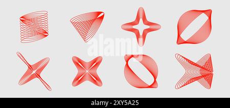 Collection of various geometric shapes, including spirals, stars, and ovals, rendered in red on a gray background. Stock Vector