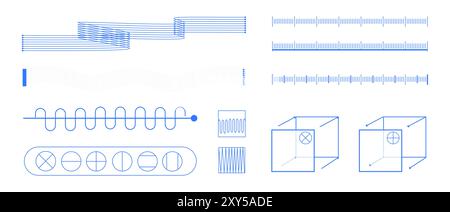 Blue scientific diagrams exploring wave dynamics, quantum fields, and geometrical optics, with focus on wave-particle interactions and geometry. Stock Vector