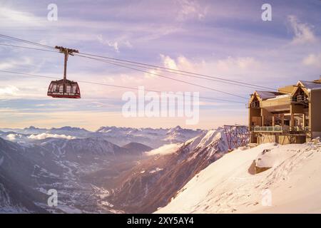 Chamonix Mont Blanc, France, January 28, 2015: Cable Car arriving from Chamonix to the summit of the Aiguille du Midi, Europe Stock Photo