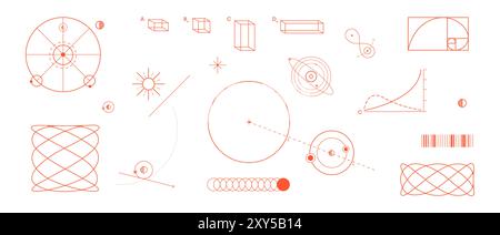 Collection of various geometric shapes, circles, lines, and curves, arranged in grid-like pattern, representing different mathematical and scientific Stock Vector