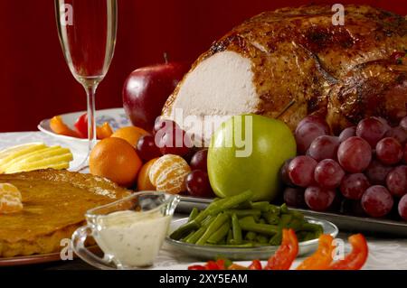 Roast turkey festive meal and a wineglass on a table Thanksgiving still life Stock Photo