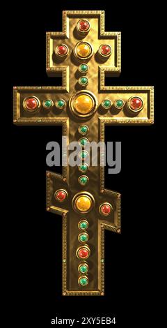 Stock 3D illustration of a Byzantine three barred cross made from gold and decorated with colorful gems Isolated silhouette on black background Stock Photo