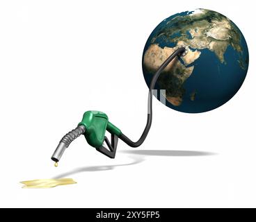 Last drops of gasoline coming out of a gas station nozzle connected to the Earth. Isolated illustration on white background Stock Photo