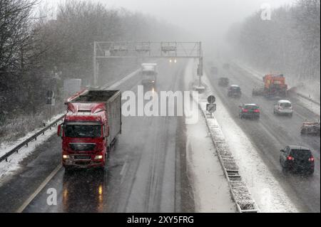 A46 motorway in winter with driving snow Stock Photo