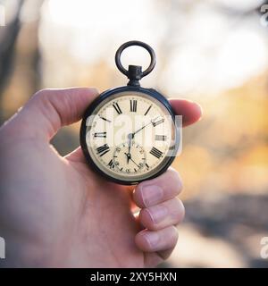 Hand held stop watch outdoors, autumn, blurry background Stock Photo