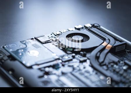 Computer cooling fan for overclocking on a circuit board, close up, Computer technology Stock Photo