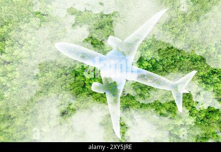 Sustainable aviation fuel concept. Future of air travel with eco-friendly innovation and net-zero emissions. Green energy and biofuel use in aircraft Stock Photo