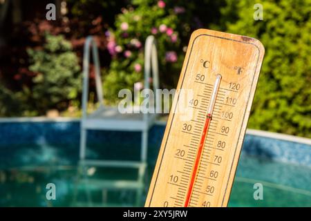 Thermometer displaying high summer temperature on a swimming pool background Stock Photo