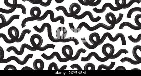 Abstract ink brush waves, squiggles, strokes vector seamless pattern. Modern curly lines banner, poster, background. Stock Vector