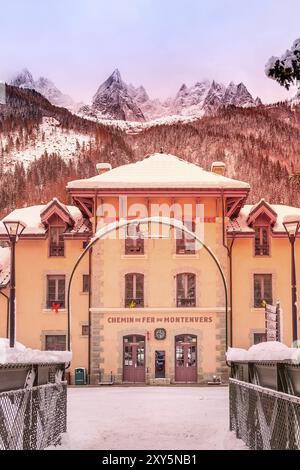 Chamonix Mont Blanc, France, January 30, 2015: The building of Montenvers railway station in winter and sunset snow Alps peaks, Europe Stock Photo