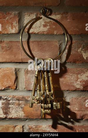Stock photo of a Bunch of old brass skeleton keys hanging on a brick wall close-up Stock Photo