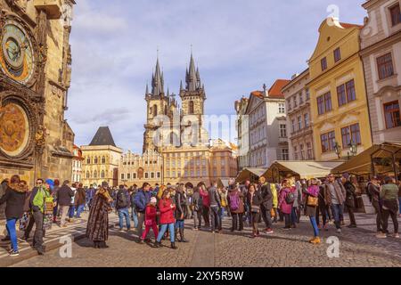 Prague, Czech Republic, February 25, 2017: People at Old Town Square, Stare Mesto and famous Astronomical Clock, Europe Stock Photo