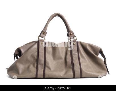 Beige leather womans handbag isolated on white background Stock Photo