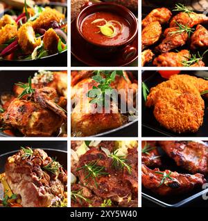 Collection of different meat dishes - soup, schnitzel, BBQ, chicken wings Stock Photo