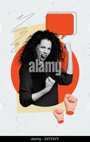 Composite trend artwork 3D sketch image photo collage of young lady show fist gesture feminism power speech cloud scream emoji face Stock Photo