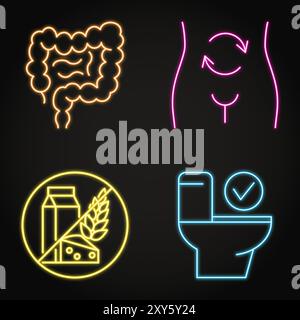 Healthy digestion neon icon set. Human intestine, metabolism, allergens ...