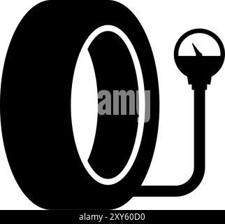 Black vector icon of tire with pressure gauge for car maintenance. Stock Vector