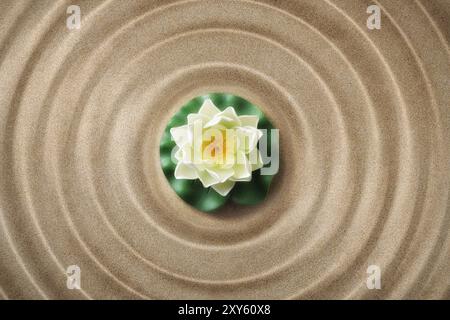 Black rounded heart-shaped stone on sand with concentric waves towards the center. Concept of mental and body health and well-being Stock Photo