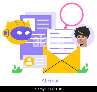 Mobile AI Email concept. Personalized inbox management and automated messaging. Innovative communication technology, digital assistant, user interface. Vector illustration. Stock Vector