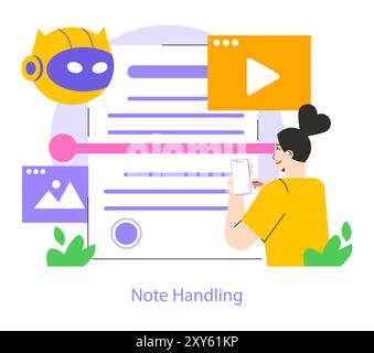 Mobile AI concept. A user interacts with an artificial intelligence app for task management on her smartphone. AI assists with multimedia files. Vector illustration. Stock Vector