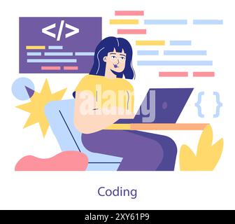 STEM education concept. A female character engages in coding on a laptop, symbolizing digital literacy. Learning programming languages and software development. Vector illustration. Stock Vector