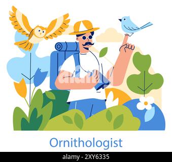 Birdwatching concept. An enthusiastic ornithologist observes nature with birds perched nearby, showcasing the hobby's allure. Vector illustration. Stock Vector