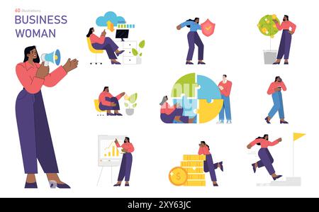 Business Woman set. A diverse collection of activities from leadership to financial growth. Career development, achievement, and problem-solving. Vector illustration. Stock Vector