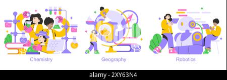 Educational Subjects Set. Students engage in experiments, field studies, and technology exploration. Chemistry, geography, and robotics learning scenes. Vector illustration. Stock Vector