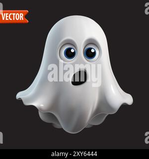 Realistic Halloween 3d ghost with surprised expression against dark background. White spirit monster Stock Vector