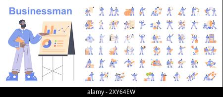Businessman set. A diverse range of professional activities from presentations to teamwork. Office work, strategy planning and execution. Vector illustration. Stock Vector